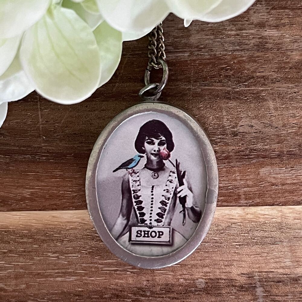 Pick Up Sticks Jewelry 'SHOP' Pewter Pendant Women Retail Therapy 2 Sided Retro